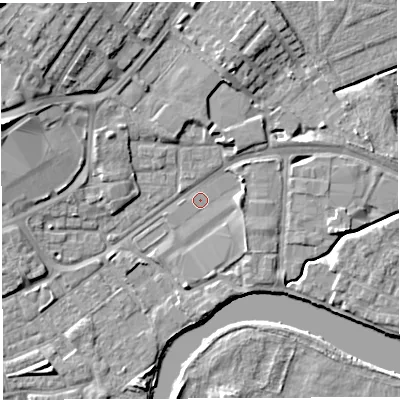 Shaded relief map of the ground around WA12PB, computed from Environment Agency LiDAR. The ground here sits at about 8 m above sea level and falls 12 m across the surrounding 800 m. Surface water reaching this point runs off ground lying to the north-west, 8.2 m higher.