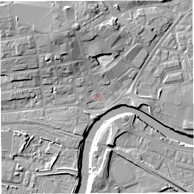 Shaded relief map of the ground around WA12RU, computed from Environment Agency LiDAR. The ground here sits at about 8 m above sea level and falls 13 m across the surrounding 800 m. Surface water reaching this point runs off ground lying to the north-north-west, 9.0 m higher.