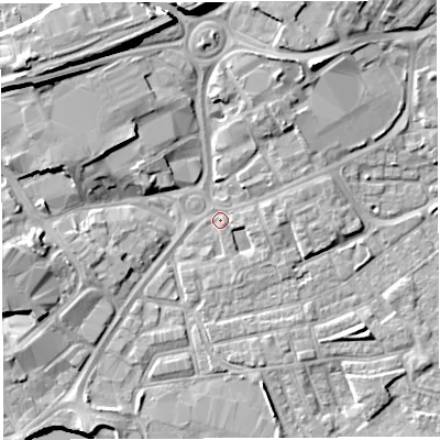 Shaded relief map of the ground around WA12SS, computed from Environment Agency LiDAR. The ground here sits at about 8 m above sea level and falls 16 m across the surrounding 800 m. Surface water reaching this point runs off ground lying to the east-north-east, 2.1 m higher.
