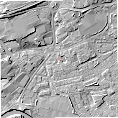 Shaded relief map of the ground around WA12SX, computed from Environment Agency LiDAR. The ground here sits at about 8 m above sea level and falls 15 m across the surrounding 800 m. Surface water reaching this point runs off ground lying to the east-north-east, 2.0 m higher.