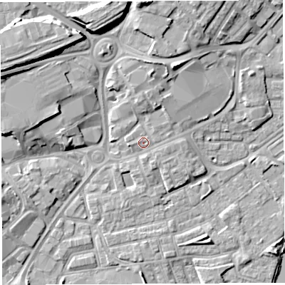 Shaded relief map of the ground around WA12SY, computed from Environment Agency LiDAR. The ground here sits at about 10 m above sea level and falls 14 m across the surrounding 800 m. Surface water reaching this point runs off ground lying to the east-north-east, 0.9 m higher.