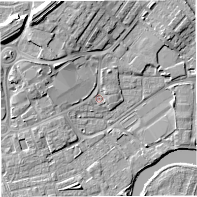 Shaded relief map of the ground around WA12TL, computed from Environment Agency LiDAR. The ground here sits at about 9 m above sea level and falls 14 m across the surrounding 800 m. Surface water reaching this point runs off ground lying to the north-west, 10.7 m higher.