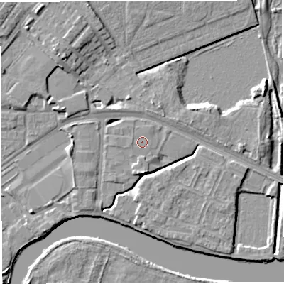Shaded relief map of the ground around WA12WW, computed from Environment Agency LiDAR. The ground here sits at about 8 m above sea level and falls 6 m across the surrounding 800 m. The ground contributing surface water to this point lies to the west.