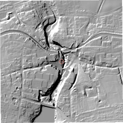 Shaded relief map of the ground around WA130AB, computed from Environment Agency LiDAR. The ground here sits at about 20 m above sea level and falls 41 m across the surrounding 800 m. Surface water reaching this point runs off ground lying to the south-east, 37.8 m higher.