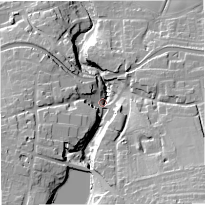Shaded relief map of the ground around WA130AD, computed from Environment Agency LiDAR. The ground here sits at about 19 m above sea level and falls 43 m across the surrounding 800 m. Surface water reaching this point runs off ground lying to the south-east, 38.7 m higher.