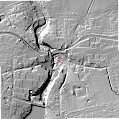 Shaded relief map of the ground around WA130HR, computed from Environment Agency LiDAR. The ground here sits at about 22 m above sea level and falls 41 m across the surrounding 800 m. Surface water reaching this point runs off ground lying to the north-east, 8.9 m higher.