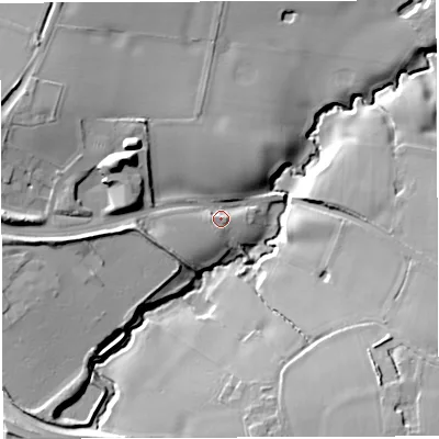 Shaded relief map of the ground around WA130TE, computed from Environment Agency LiDAR. The ground here sits at about 48 m above sea level and falls 24 m across the surrounding 800 m. Surface water reaching this point runs off ground lying to the west-north-west, 13.1 m higher.