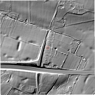 Shaded relief map of the ground around WA130TW, computed from Environment Agency LiDAR. The ground here sits at about 60 m above sea level and falls 14 m across the surrounding 800 m. Surface water reaching this point runs off ground lying to the south-south-west, 8.1 m higher.