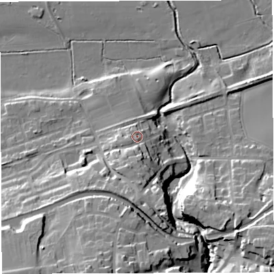 Shaded relief map of the ground around WA139AH, computed from Environment Agency LiDAR. The ground here sits at about 18 m above sea level and falls 27 m across the surrounding 800 m. Surface water reaching this point runs off ground lying to the south-south-west, 8.6 m higher.