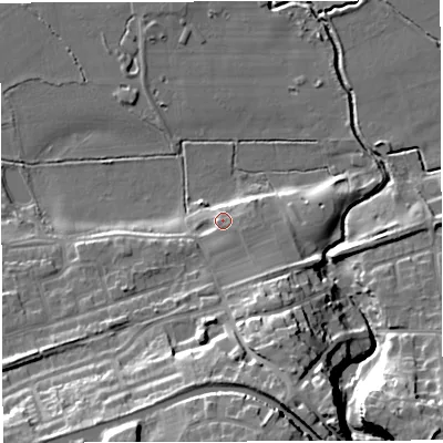 Shaded relief map of the ground around WA139AL, computed from Environment Agency LiDAR. The ground here sits at about 13 m above sea level and falls 23 m across the surrounding 800 m. Surface water reaching this point runs off ground lying to the south-south-east, 18.1 m higher.