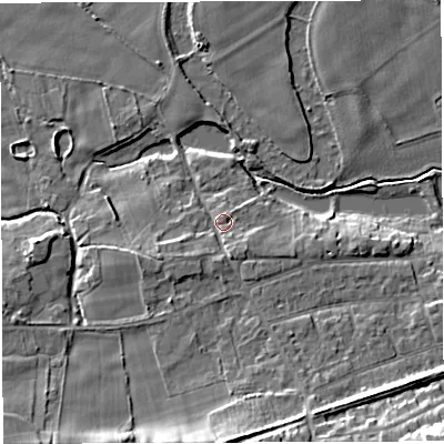 Shaded relief map of the ground around WA139BJ, computed from Environment Agency LiDAR. The ground here sits at about 12 m above sea level and falls 16 m across the surrounding 800 m. Surface water reaching this point runs off ground lying to the south-south-east, 9.1 m higher.