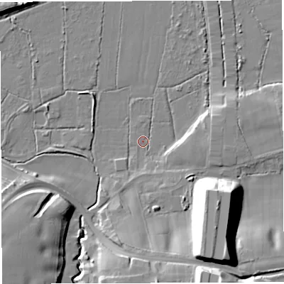 Shaded relief map of the ground around WA139BT, computed from Environment Agency LiDAR. The ground here sits at about 9 m above sea level and falls 25 m across the surrounding 800 m. Surface water reaching this point runs off ground lying to the south-south-east, 24.2 m higher.