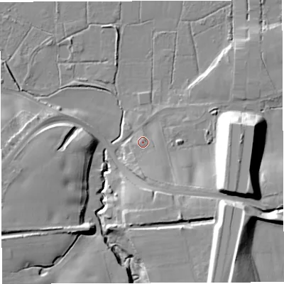 Shaded relief map of the ground around WA139BU, computed from Environment Agency LiDAR. The ground here sits at about 13 m above sea level and falls 26 m across the surrounding 800 m. Surface water reaching this point runs off ground lying to the south-south-east, 5.2 m higher.