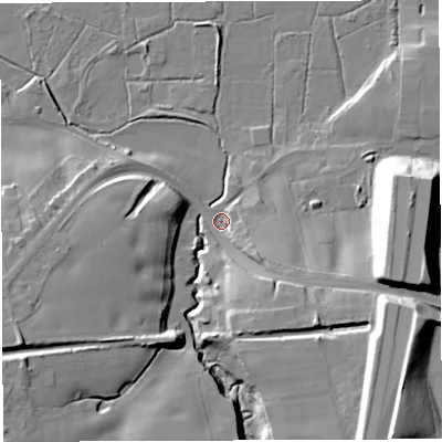 Shaded relief map of the ground around WA139BX, computed from Environment Agency LiDAR. The ground here sits at about 10 m above sea level and falls 26 m across the surrounding 800 m. Surface water reaching this point runs off ground lying to the south-east, 21.9 m higher.