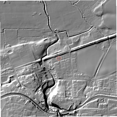 Shaded relief map of the ground around WA139DN, computed from Environment Agency LiDAR. The ground here sits at about 14 m above sea level and falls 24 m across the surrounding 800 m. Surface water reaching this point runs off ground lying to the south-south-east, 15.1 m higher.