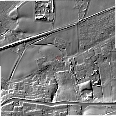 Shaded relief map of the ground around WA139PS, computed from Environment Agency LiDAR. The ground here sits at about 15 m above sea level and falls 22 m across the surrounding 800 m. Surface water reaching this point runs off ground lying to the south-south-west, 0.8 m higher.