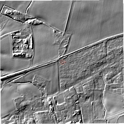 Shaded relief map of the ground around WA139PU, computed from Environment Agency LiDAR. The ground here sits at about 15 m above sea level and falls 15 m across the surrounding 800 m. Surface water reaching this point runs off ground lying to the east-south-east, 1.8 m higher.