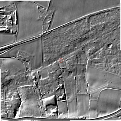 Shaded relief map of the ground around WA139QH, computed from Environment Agency LiDAR. The ground here sits at about 16 m above sea level and falls 17 m across the surrounding 800 m. Surface water reaching this point runs off ground lying to the south-south-east, 10.8 m higher.