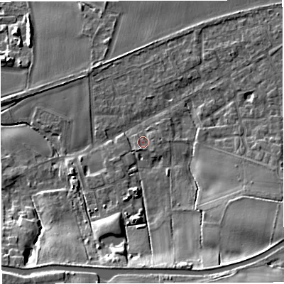Shaded relief map of the ground around WA139QL, computed from Environment Agency LiDAR. The ground here sits at about 17 m above sea level and falls 18 m across the surrounding 800 m. Surface water reaching this point runs off ground lying to the south-south-west, 1.8 m higher.