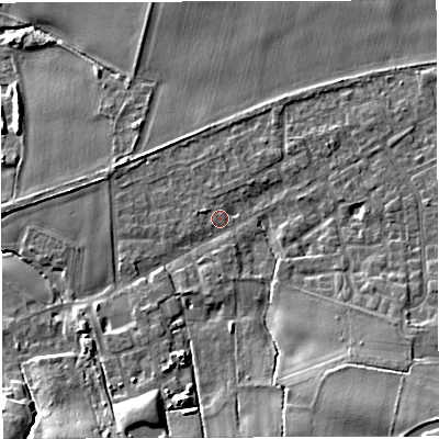 Shaded relief map of the ground around WA139QN, computed from Environment Agency LiDAR. The ground here sits at about 16 m above sea level and falls 16 m across the surrounding 800 m. Surface water reaching this point runs off ground lying to the south-east, 9.7 m higher.