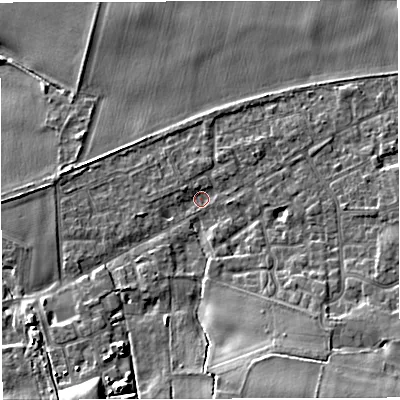 Shaded relief map of the ground around WA139QP, computed from Environment Agency LiDAR. The ground here sits at about 16 m above sea level and falls 14 m across the surrounding 800 m. Surface water reaching this point runs off ground lying to the south-south-east, 9.9 m higher.