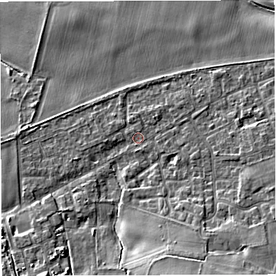 Shaded relief map of the ground around WA139QS, computed from Environment Agency LiDAR. The ground here sits at about 16 m above sea level and falls 12 m across the surrounding 800 m. Surface water reaching this point runs off ground lying to the east-south-east, 0.9 m higher.