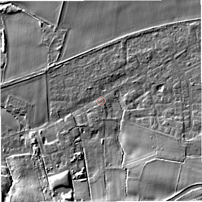 Shaded relief map of the ground around WA139QW, computed from Environment Agency LiDAR. The ground here sits at about 17 m above sea level and falls 17 m across the surrounding 800 m. Surface water reaching this point runs off ground lying to the south-east, 10.5 m higher.