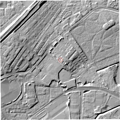 Shaded relief map of the ground around WA13AS, computed from Environment Agency LiDAR. The ground here sits at about 11 m above sea level and falls 12 m across the surrounding 800 m. Surface water reaching this point runs off ground lying to the east-south-east, 1.2 m higher.