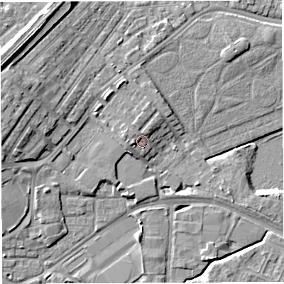 Shaded relief map of the ground around WA13AT, computed from Environment Agency LiDAR. The ground here sits at about 10 m above sea level and falls 12 m across the surrounding 800 m. Surface water reaching this point runs off ground lying to the north, 2.3 m higher.