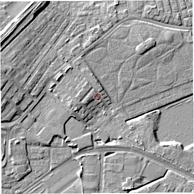 Shaded relief map of the ground around WA13AX, computed from Environment Agency LiDAR. The ground here sits at about 10 m above sea level and falls 11 m across the surrounding 800 m. Surface water reaching this point runs off ground lying to the north-west, 2.2 m higher.