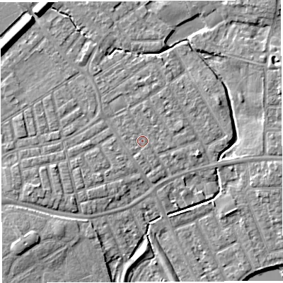 Shaded relief map of the ground around WA13BP, computed from Environment Agency LiDAR. The ground here sits at about 9 m above sea level and falls 8 m across the surrounding 800 m. Surface water reaching this point runs off ground lying to the west-south-west, 2.3 m higher.