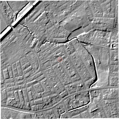 Shaded relief map of the ground around WA13BS, computed from Environment Agency LiDAR. The ground here sits at about 9 m above sea level and falls 8 m across the surrounding 800 m. Surface water reaching this point runs off ground lying to the south-east, 0.9 m higher.
