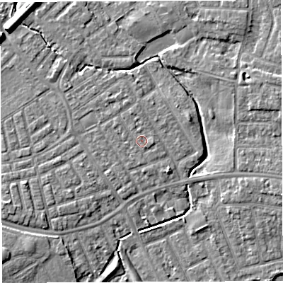 Shaded relief map of the ground around WA13BT, computed from Environment Agency LiDAR. The ground here sits at about 9 m above sea level and falls 7 m across the surrounding 800 m. Surface water reaching this point runs off ground lying to the east-south-east, 0.9 m higher.