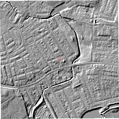 Shaded relief map of the ground around WA13BU, computed from Environment Agency LiDAR. The ground here sits at about 9 m above sea level and falls 5 m across the surrounding 800 m. Surface water reaching this point runs off ground lying to the west-south-west, 0.5 m higher.
