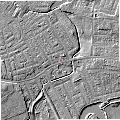 Shaded relief map of the ground around WA13BW, computed from Environment Agency LiDAR. The ground here sits at about 9 m above sea level and falls 5 m across the surrounding 800 m. Surface water reaching this point runs off ground lying to the west-north-west, 1.0 m higher.