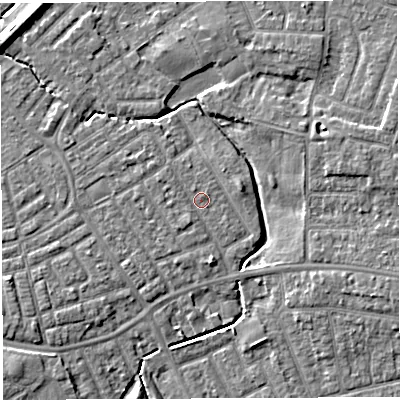 Shaded relief map of the ground around WA13BX, computed from Environment Agency LiDAR. The ground here sits at about 9 m above sea level and falls 7 m across the surrounding 800 m. Surface water reaching this point runs off ground lying to the south-south-west, 0.9 m higher.
