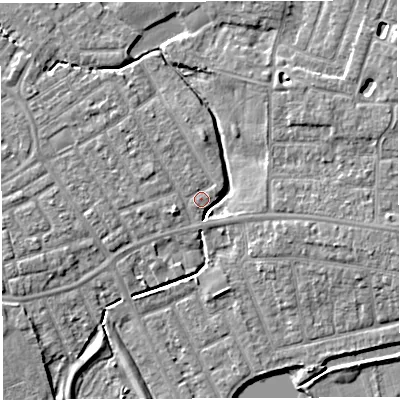Shaded relief map of the ground around WA13BY, computed from Environment Agency LiDAR. The ground here sits at about 9 m above sea level and falls 6 m across the surrounding 800 m. Surface water reaching this point runs off ground lying to the east-north-east, 4.4 m higher.