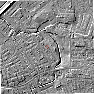 Shaded relief map of the ground around WA13BZ, computed from Environment Agency LiDAR. The ground here sits at about 9 m above sea level and falls 7 m across the surrounding 800 m. Surface water reaching this point runs off ground lying to the east-north-east, 0.9 m higher.