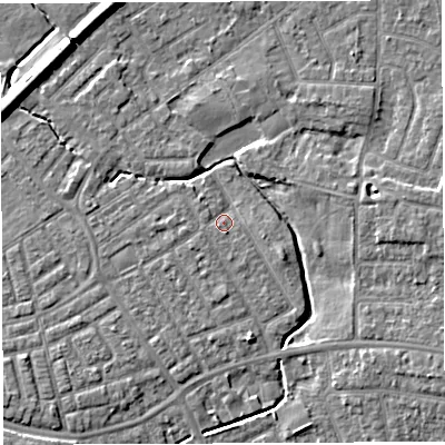 Shaded relief map of the ground around WA13DA, computed from Environment Agency LiDAR. The ground here sits at about 9 m above sea level and falls 7 m across the surrounding 800 m. Surface water reaching this point runs off ground lying to the east-south-east, 3.4 m higher.