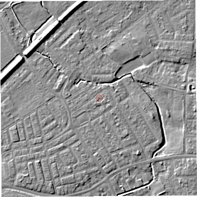 Shaded relief map of the ground around WA13DB, computed from Environment Agency LiDAR. The ground here sits at about 9 m above sea level and falls 8 m across the surrounding 800 m. Surface water reaching this point runs off ground lying to the south-south-west, 0.8 m higher.