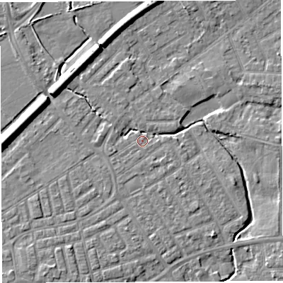 Shaded relief map of the ground around WA13DD, computed from Environment Agency LiDAR. The ground here sits at about 9 m above sea level and falls 8 m across the surrounding 800 m. Surface water reaching this point runs off ground lying to the south-south-east, 2.2 m higher.