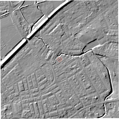 Shaded relief map of the ground around WA13DE, computed from Environment Agency LiDAR. The ground here sits at about 9 m above sea level and falls 8 m across the surrounding 800 m. Surface water reaching this point runs off ground lying to the south-west, 2.4 m higher.