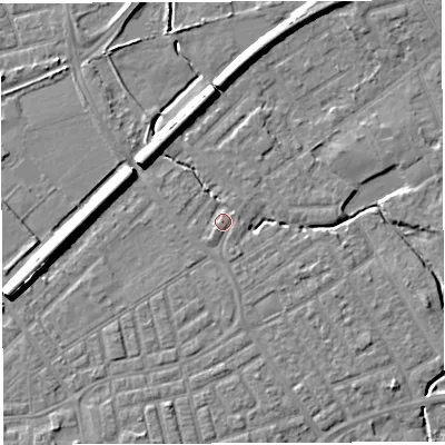 Shaded relief map of the ground around WA13DF, computed from Environment Agency LiDAR. The ground here sits at about 9 m above sea level and falls 9 m across the surrounding 800 m. Surface water reaching this point runs off ground lying to the south-west, 1.4 m higher.