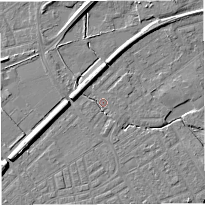 Shaded relief map of the ground around WA13DG, computed from Environment Agency LiDAR. The ground here sits at about 9 m above sea level and falls 9 m across the surrounding 800 m. Surface water reaching this point runs off ground lying to the south, 2.3 m higher.
