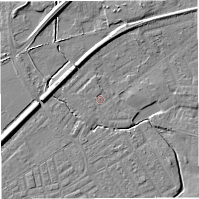 Shaded relief map of the ground around WA13DH, computed from Environment Agency LiDAR. The ground here sits at about 9 m above sea level and falls 8 m across the surrounding 800 m. Surface water reaching this point runs off ground lying to the north-west, 0.8 m higher.