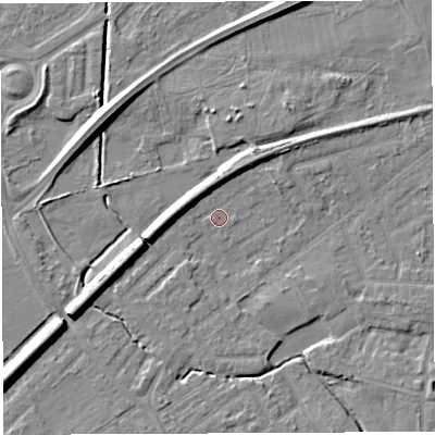 Shaded relief map of the ground around WA13DJ, computed from Environment Agency LiDAR. The ground here sits at about 9 m above sea level and falls 7 m across the surrounding 800 m. Surface water reaching this point runs off ground lying to the north-west, 3.8 m higher.