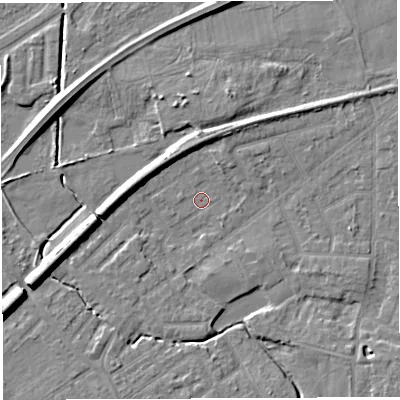 Shaded relief map of the ground around WA13DL, computed from Environment Agency LiDAR. The ground here sits at about 9 m above sea level and falls 7 m across the surrounding 800 m. Surface water reaching this point runs off ground lying to the north, 3.3 m higher.