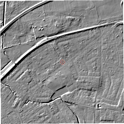 Shaded relief map of the ground around WA13DN, computed from Environment Agency LiDAR. The ground here sits at about 9 m above sea level and falls 7 m across the surrounding 800 m. Surface water reaching this point runs off ground lying to the north, 2.9 m higher.