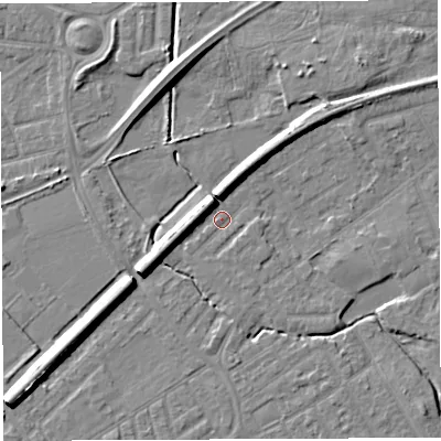Shaded relief map of the ground around WA13DQ, computed from Environment Agency LiDAR. The ground here sits at about 9 m above sea level and falls 8 m across the surrounding 800 m. Surface water reaching this point runs off ground lying to the west-south-west, 6.3 m higher.