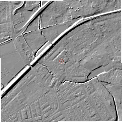 Shaded relief map of the ground around WA13DY, computed from Environment Agency LiDAR. The ground here sits at about 9 m above sea level and falls 8 m across the surrounding 800 m. Surface water reaching this point runs off ground lying to the north-west, 0.6 m higher.